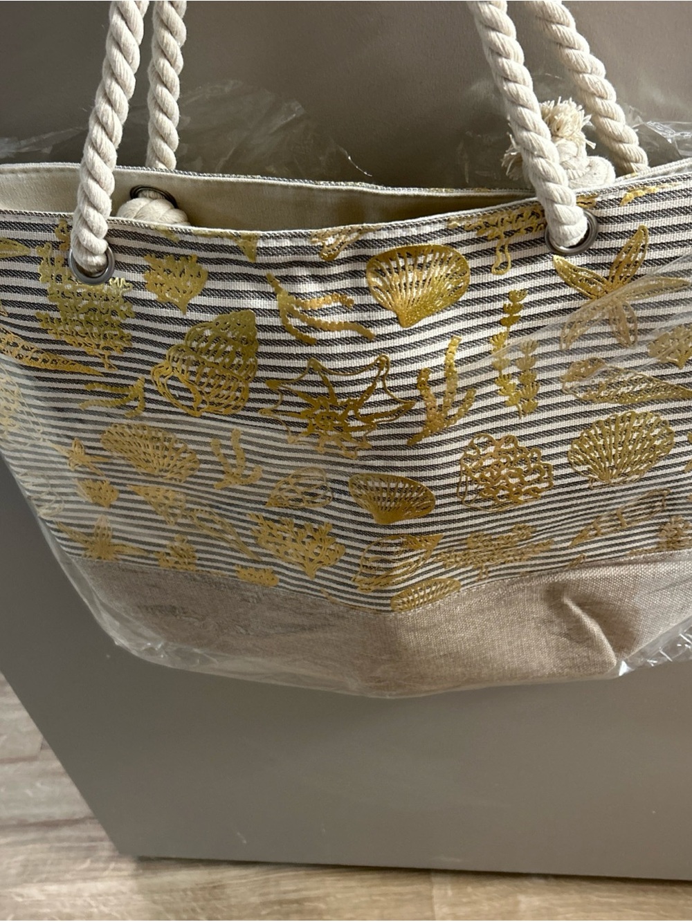 Striped Canvas Tote with Gold Shell Accents